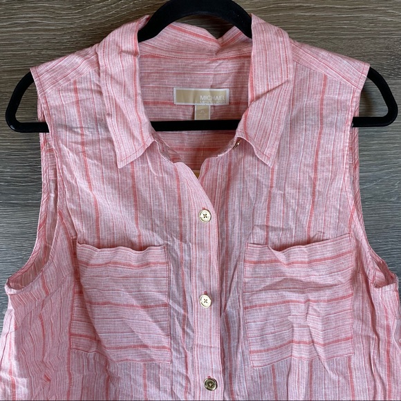 Michael Kors Linen Striped button up tie front top NWT - Picture 3 of 6